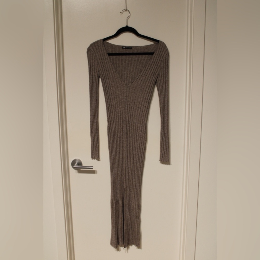 Zara Long Sleeve Ribbed Knit Dress in Taupe